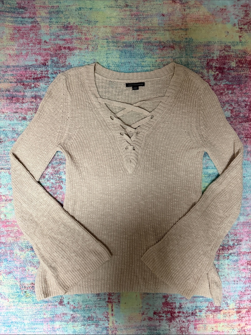 American Eagle Outfitters Beige Lace-Up V-Neck Knit Sweater